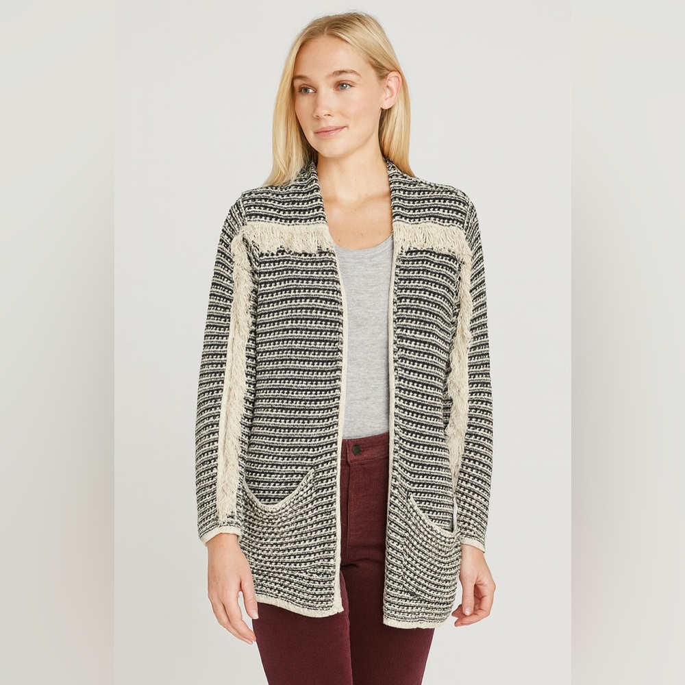 Knox Rose Sweater X-Large Black Beige Open Cardigan Fringe Long Sleeve Knit Boho